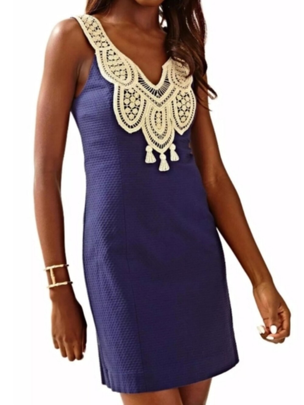 Lilly Pulitzer Navy Dress with Cream Crochet Bib